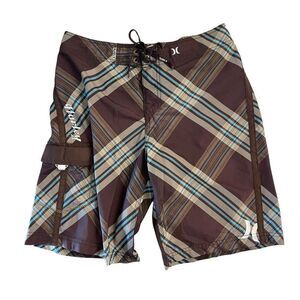 Hurley Men's Swimwear Plaid Surf Boardshorts Brown Blue Size 31